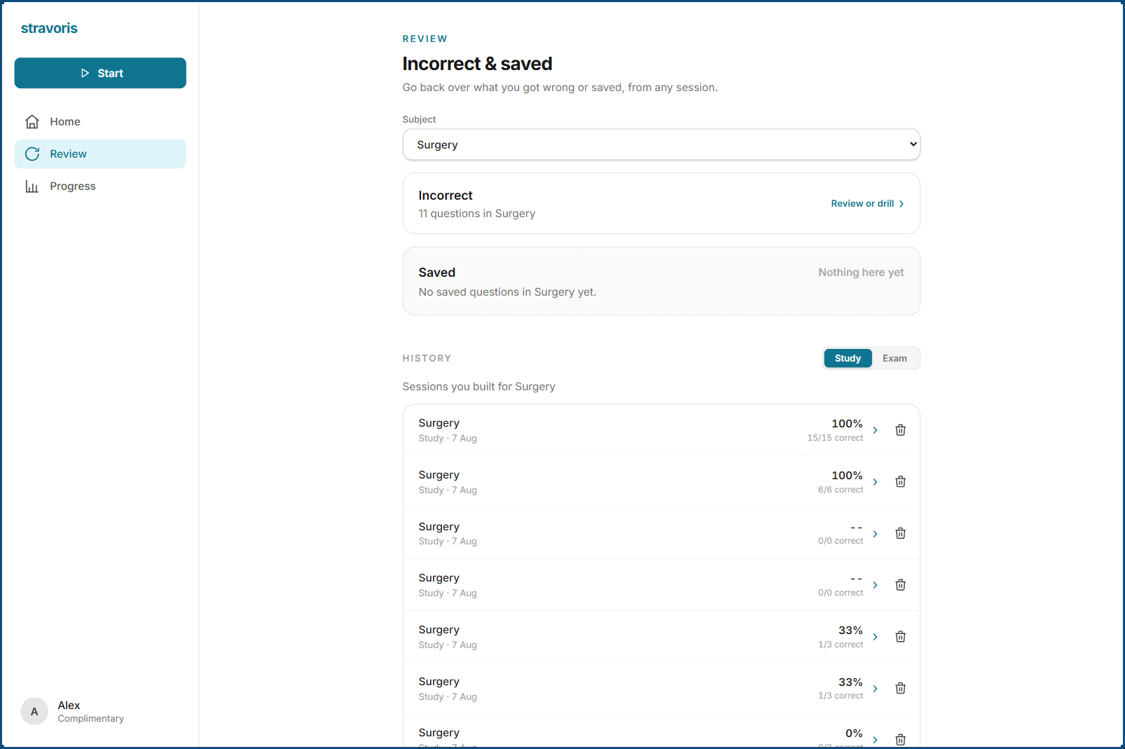 Desktop: the review list for a subject