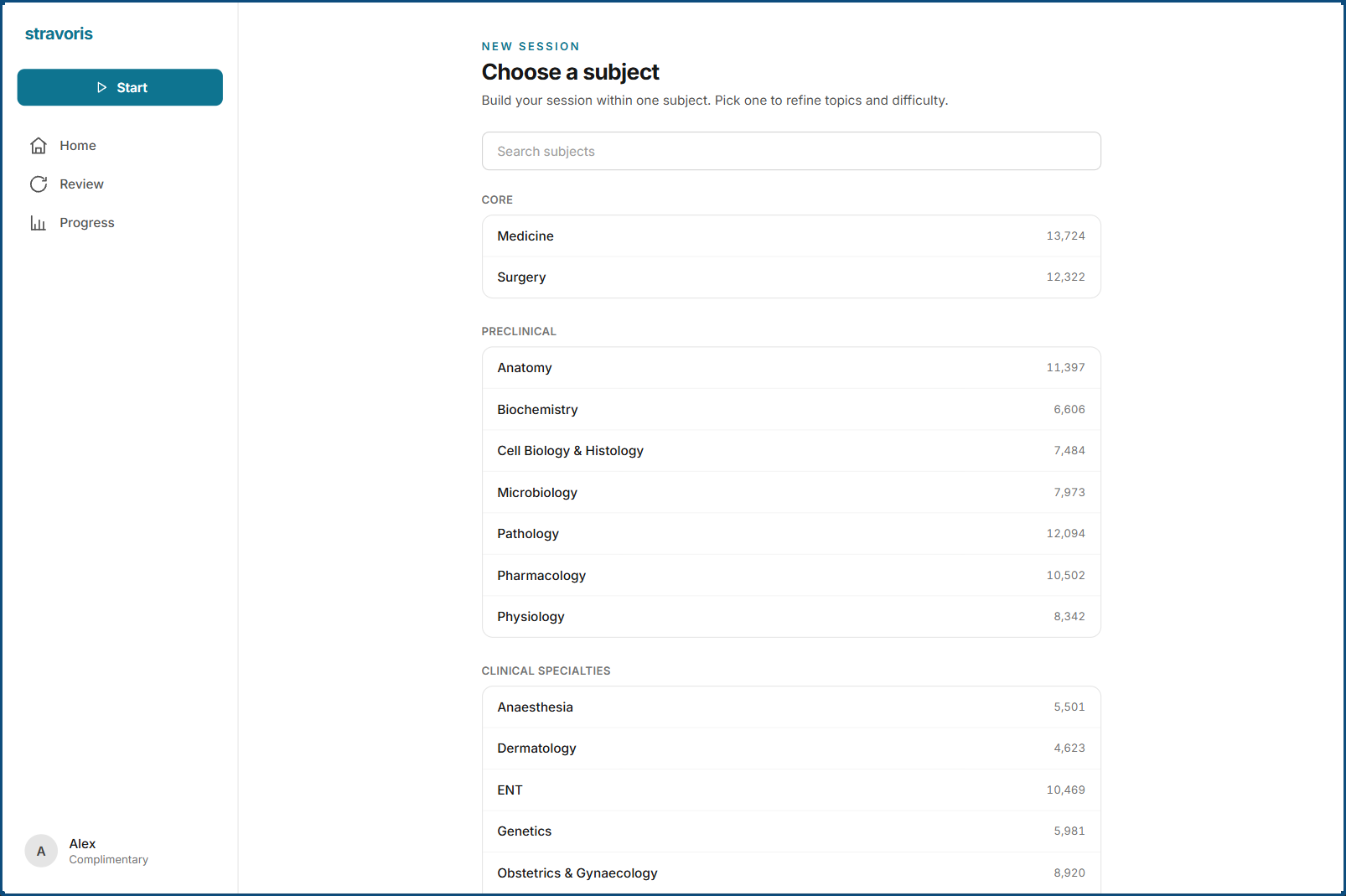 Stravoris on desktop, showing a list of subjects grouped by curriculum stage