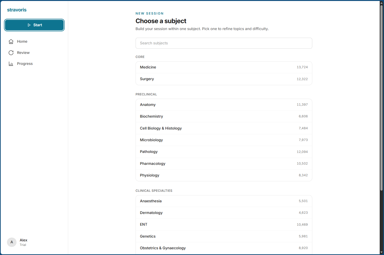 Stravoris on desktop, choosing a subject to start a session