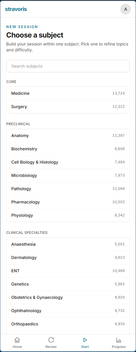 Stravoris on a phone, showing a list of subjects grouped by curriculum stage