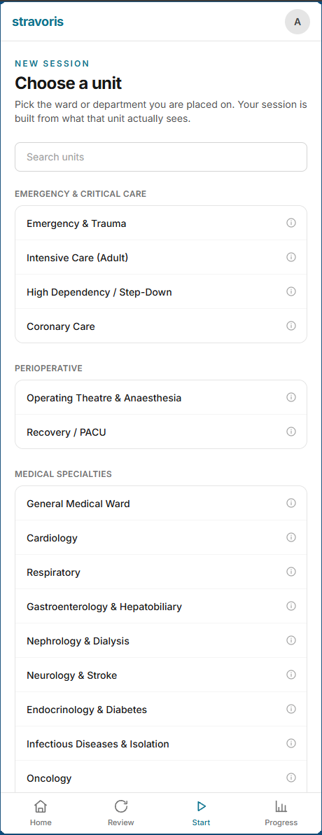 Stravoris on a phone, showing a list of hospital units grouped by area of care